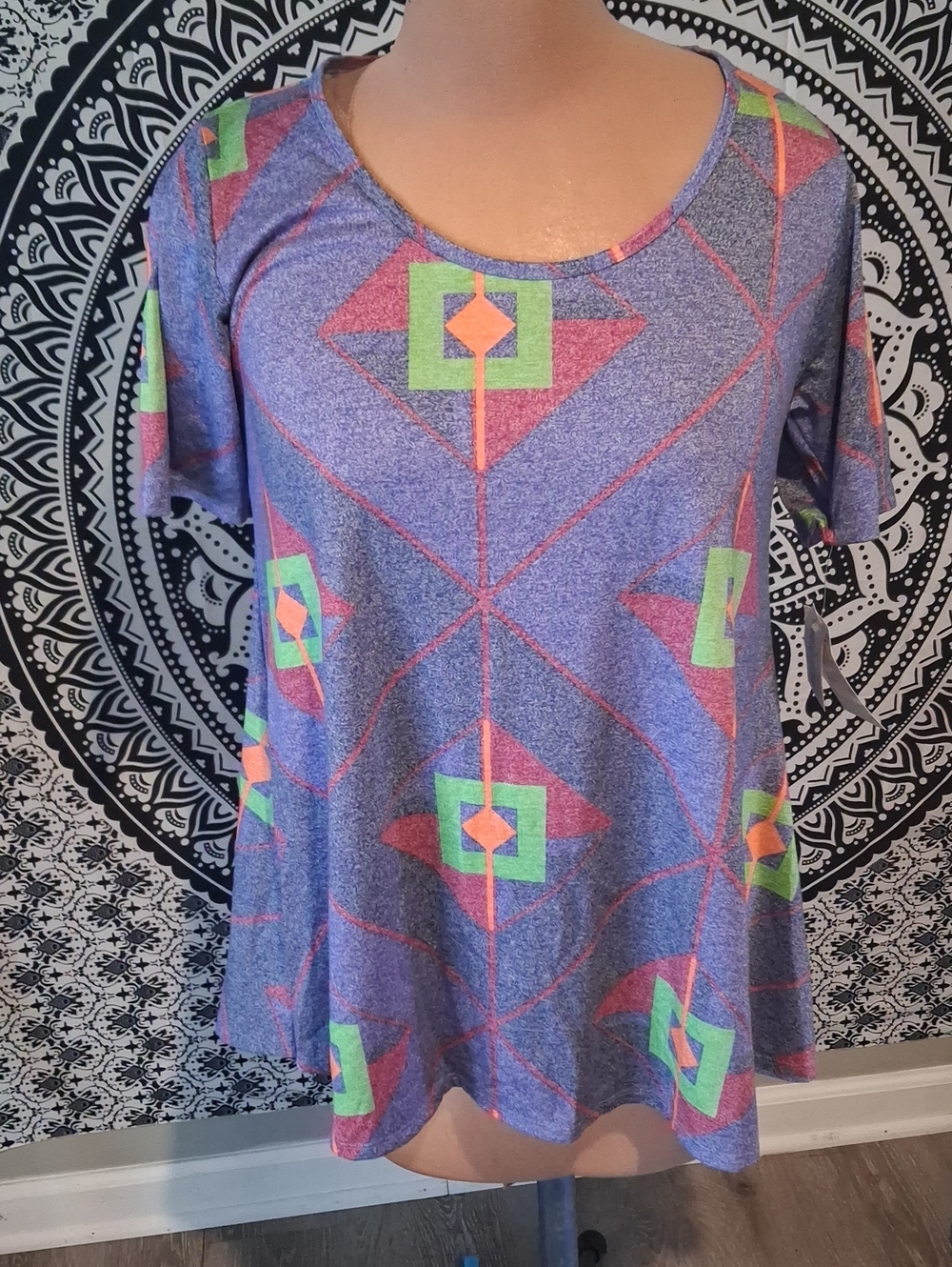 LuLaRoe Purple Geometric Short Sleeve Tunic with Green and Coral Accents